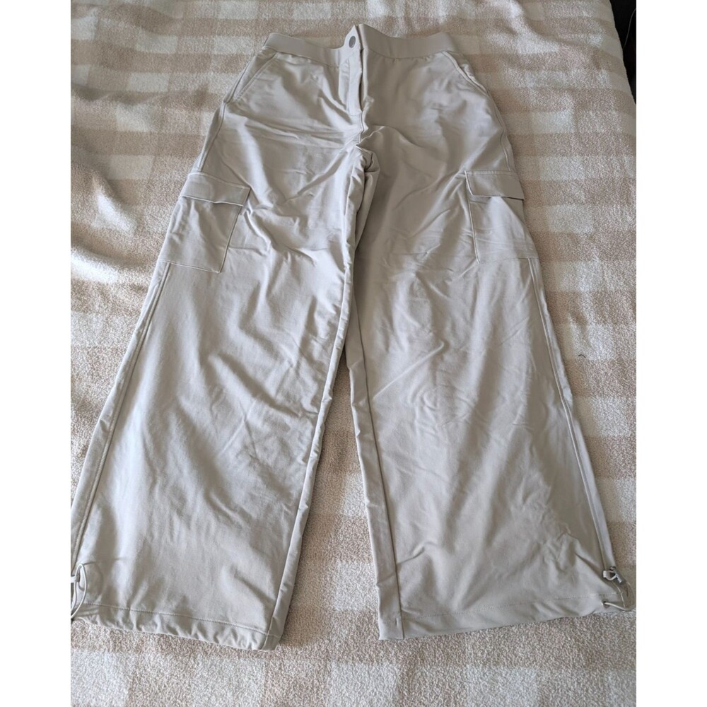 NWT OGL Move Fleece Lined Wide Leg Cargo Pants Beige Beige Tan Drawstring Hem L